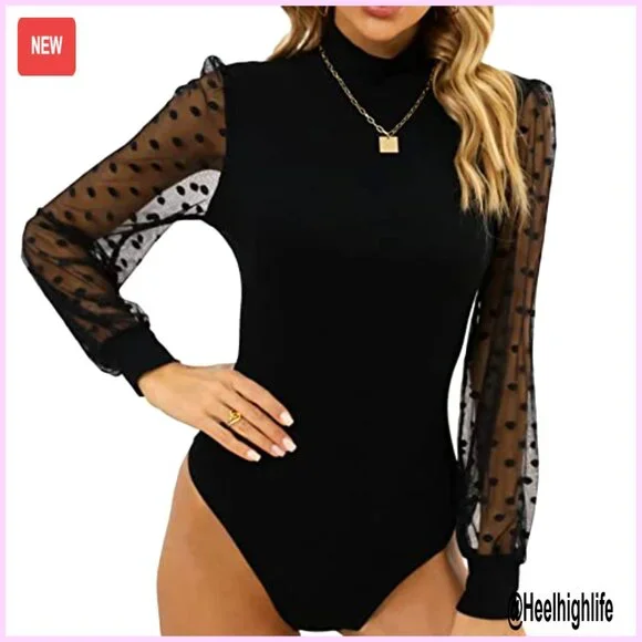 Sheer Mesh Long Sleeve Bodysuit Turtleneck Ribbed Shapewear